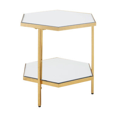 Gold Finish 2-Tier Side Table with Hexagonal Mirrored Glass Shelves | Rio