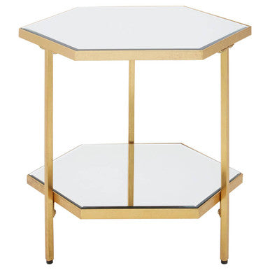 Gold Finish 2-Tier Side Table with Hexagonal Mirrored Glass Shelves | Rio