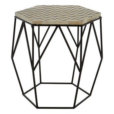 Black and White Resin Hexagon Side Table with Black Wireframe Base | Harlo
