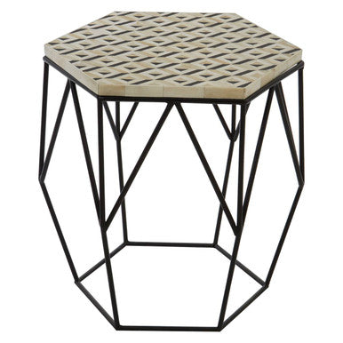 Black and White Resin Hexagon Side Table with Black Wireframe Base | Harlo