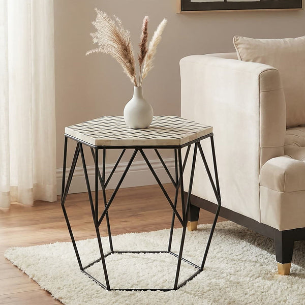 Black and White Resin Hexagon Side Table with Black Wireframe Base | Harlo