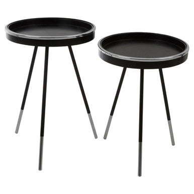 Black and Silver Set of 2 Side Tables with Raised Rim Tops and Silver Leg Tips | Halle