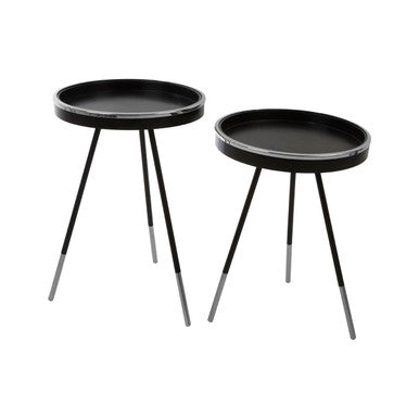 Black and Silver Set of 2 Side Tables with Raised Rim Tops and Silver Leg Tips | Halle
