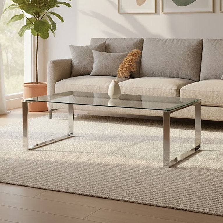 Allure Silver Finish Rectangular Coffee Table with Clear Glass Top