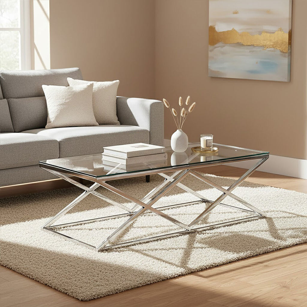 Allure Silver Finish Coffee Table with Inverted Prism Base