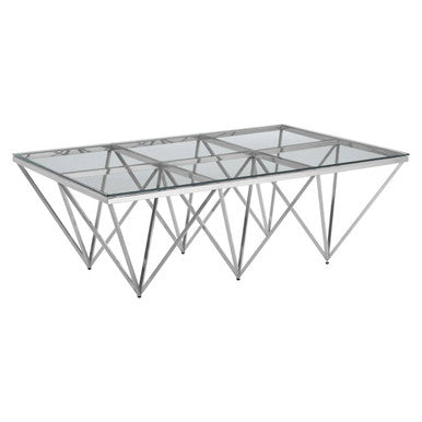 Silver Prismatic Base Coffee Table with Clear Glass Top and 6 Pincer Style Legs, Allure