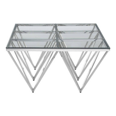 Silver Prismatic Base Coffee Table with Clear Glass Top and 6 Pincer Style Legs, Allure
