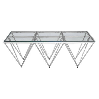 Silver Prismatic Base Coffee Table with Clear Glass Top and 6 Pincer Style Legs, Allure