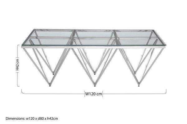Silver Prismatic Base Coffee Table with Clear Glass Top and 6 Pincer Style Legs, Allure