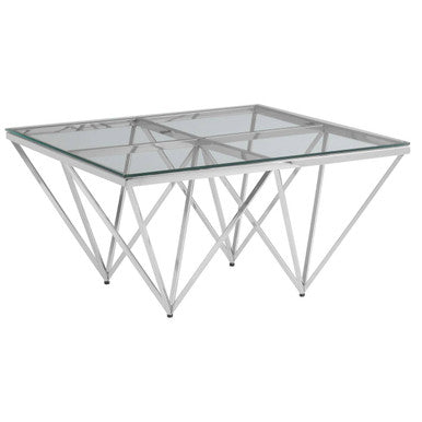 Silver Tempered Glass Coffee Table with Reflective Steel 4 Leg Base | Allure