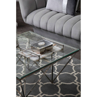 Silver Tempered Glass Coffee Table with Reflective Steel 4 Leg Base | Allure