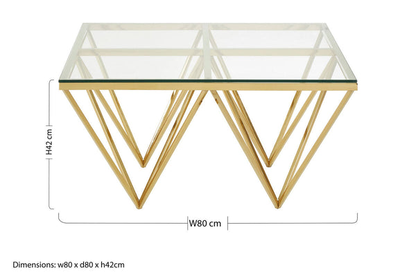 Allure Gold Finish Square Coffee Table with Four Pincer Legs