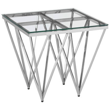 Silver Stainless Steel End Table with Pincer Like Legs and Glass Top | Allure