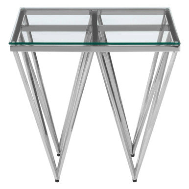 Silver Stainless Steel End Table with Pincer Like Legs and Glass Top | Allure