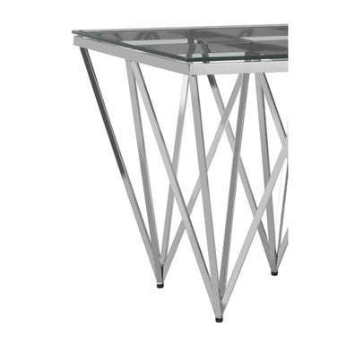 Silver Stainless Steel End Table with Pincer Like Legs and Glass Top | Allure