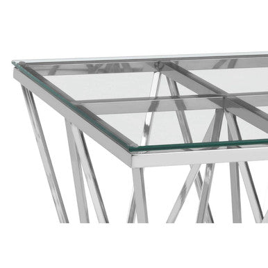 Silver Stainless Steel End Table with Pincer Like Legs and Glass Top | Allure