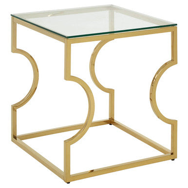 Gold Curved Frame Square End Table with Clear Tempered Glass | Allure