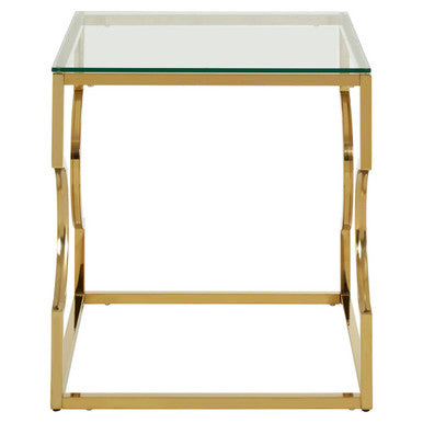 Gold Curved Frame Square End Table with Clear Tempered Glass | Allure