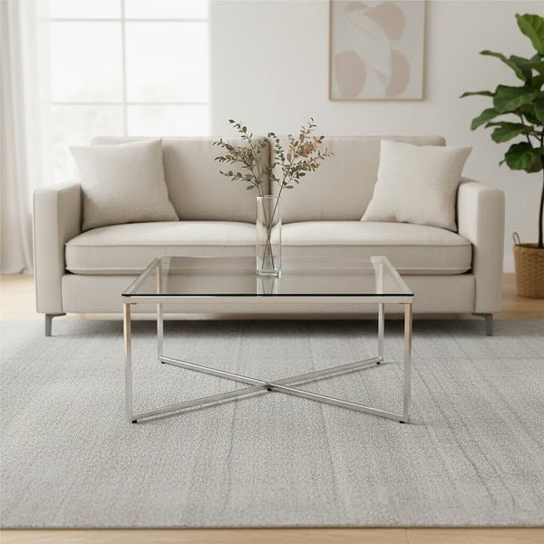 Allure Silver Finish Square Coffee Table with Glass Top