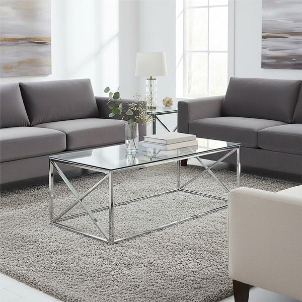 Silver Finish Coffee Table with Cross Frame and Tempered Glass Top | Allure