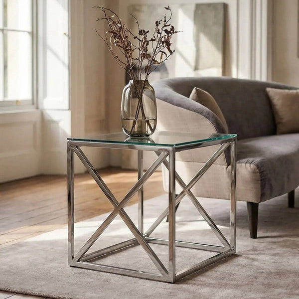 Allure Silver Finish Square Side Table with Glass Top