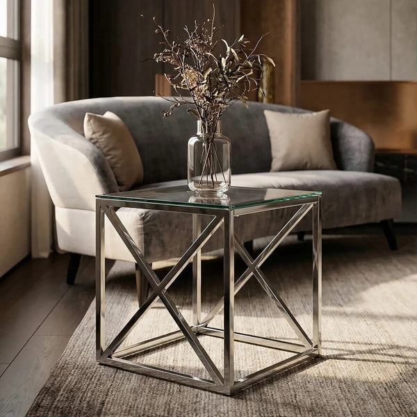 Allure Silver Finish Square Side Table with Glass Top