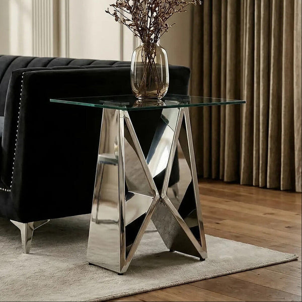 Silver Stainless Steel Wing Base End Table with Clear Glass Top | Allure