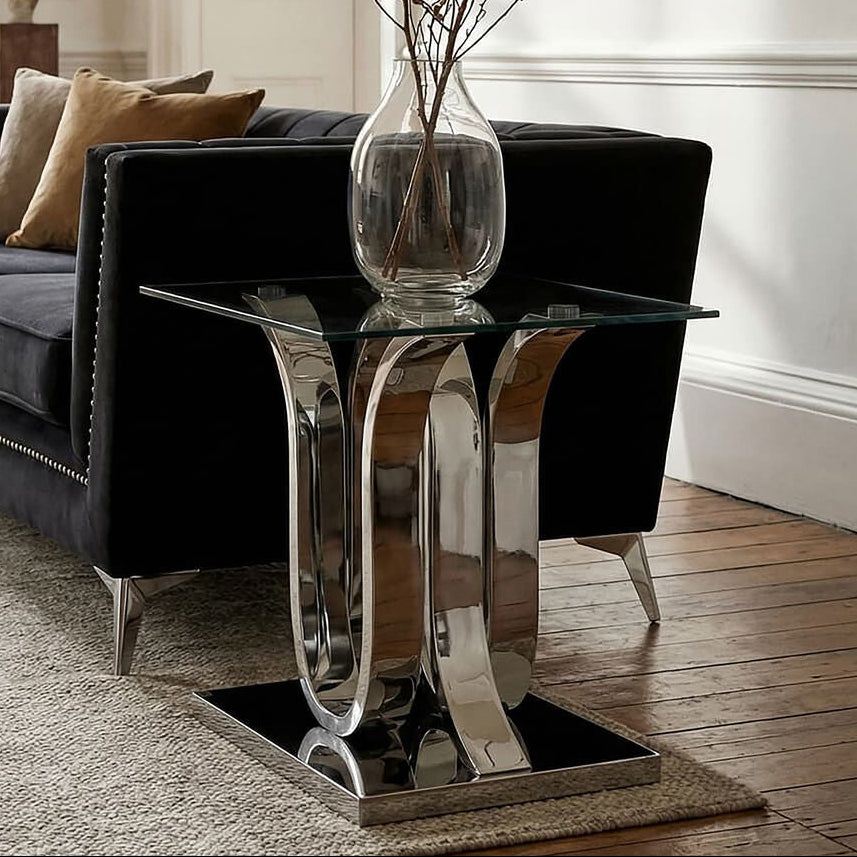 Silver Mirrored Finish Curved Base End Table with Clear Glass Top | Allure