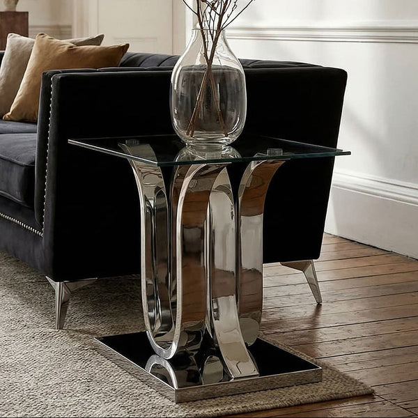 Silver Mirrored Finish Curved Base End Table with Clear Glass Top | Allure