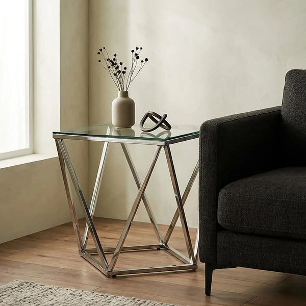 Silver Twist Design Small End Table with Tempered Glass Top | Allure