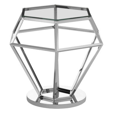 Silver Geometric Diamond Design End Table with Clear Tempered Glass Top | Allure
