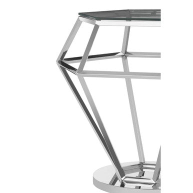 Silver Geometric Diamond Design End Table with Clear Tempered Glass Top | Allure