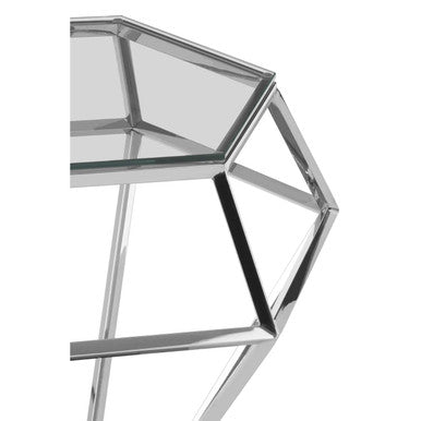 Silver Geometric Diamond Design End Table with Clear Tempered Glass Top | Allure