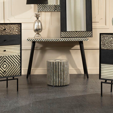 Boho Black and White Bone Inlay Acacia Wood Console Table