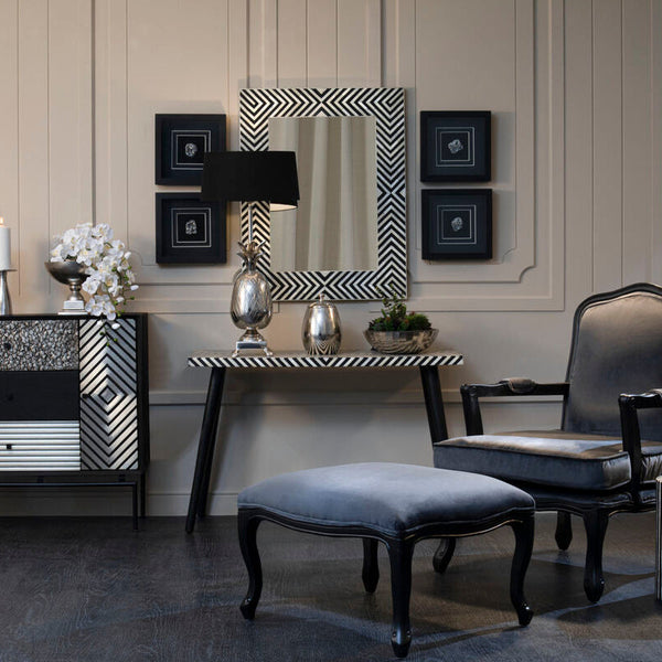 Boho Black and White Bone Inlay Acacia Wood Console Table