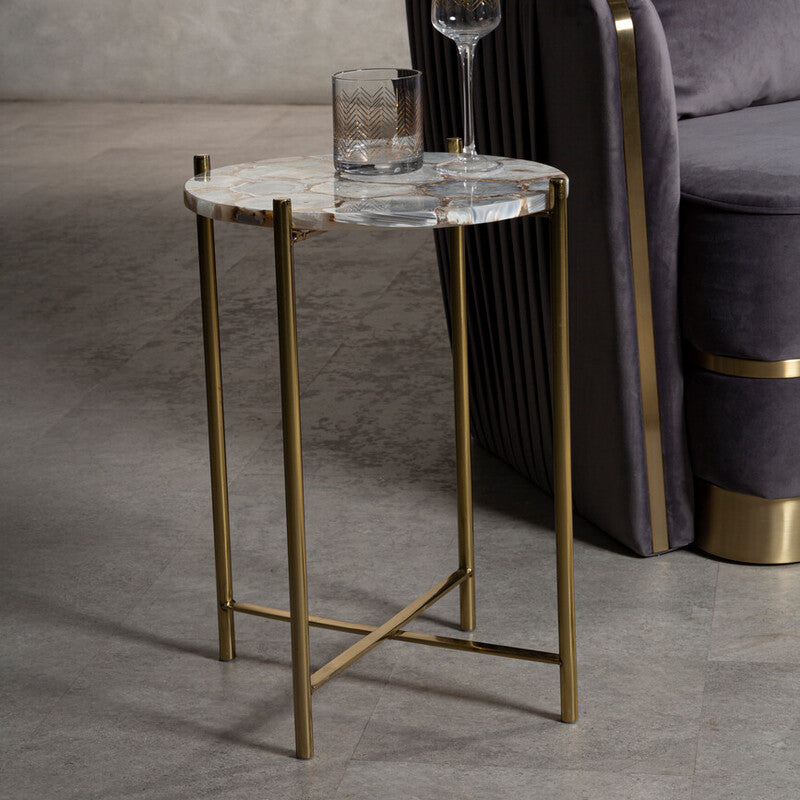 Natural and Gold Agate Top Side Table with Gold Steel Cross Base | Vita