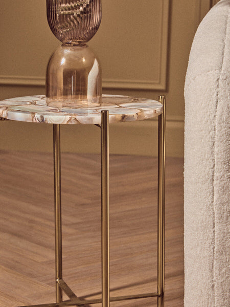 Natural and Gold Agate Top Side Table with Gold Steel Cross Base | Vita