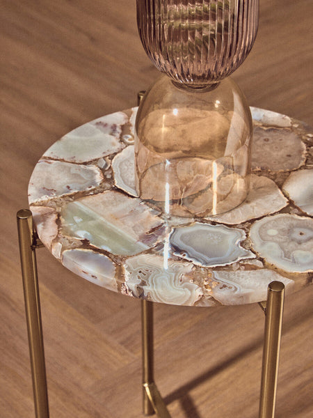 Natural and Gold Agate Top Side Table with Gold Steel Cross Base | Vita