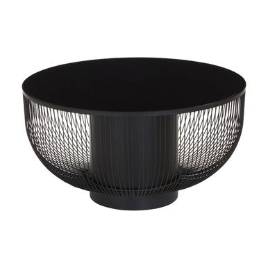 Black Glass Top Round Coffee Table with Matte Black Cylindrical Wireframe Base | Trento