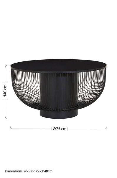 Black Glass Top Round Coffee Table with Matte Black Cylindrical Wireframe Base | Trento