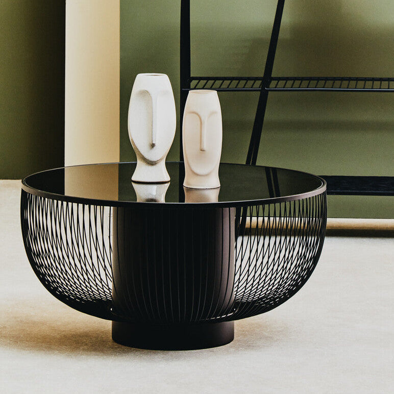 Black Glass Top Round Coffee Table with Matte Black Cylindrical Wireframe Base | Trento