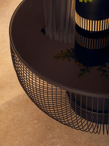 Black Glass Top Round Coffee Table with Matte Black Cylindrical Wireframe Base | Trento