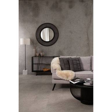 Black Glass Top Round Coffee Table with Matte Black Cylindrical Wireframe Base | Trento