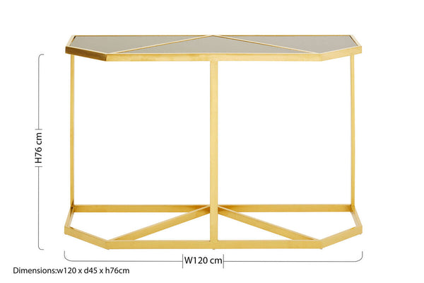 Black Tempered Glass Top Console Table with Gold Finish Stainless Steel Frame | Horizon