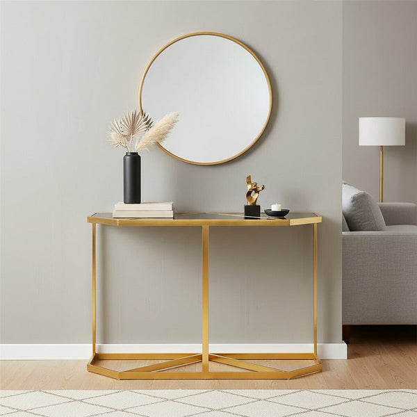 Black Tempered Glass Top Console Table with Gold Finish Stainless Steel Frame | Horizon
