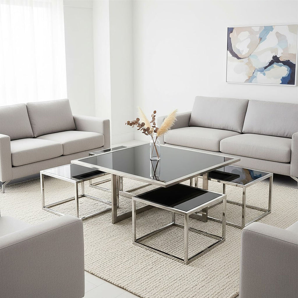 Horizon Black Glass and Silver Finish Set of 5 Nesting Coffee Tables