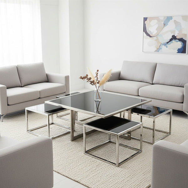 Horizon Black Glass and Silver Finish Set of 5 Nesting Coffee Tables