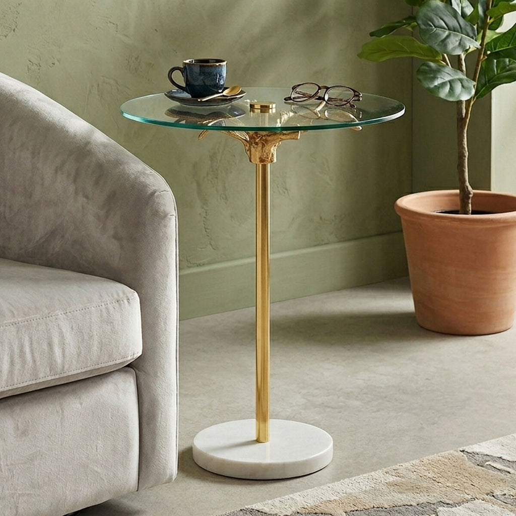 Small Round Side Table with Glass Top and Leaf Detailing | Sika