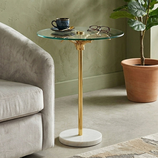 Small Round Side Table with Glass Top and Leaf Detailing | Sika