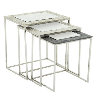 Akola Silver Nickel Finish and Antique Glass Set of 3 Nesting Tables